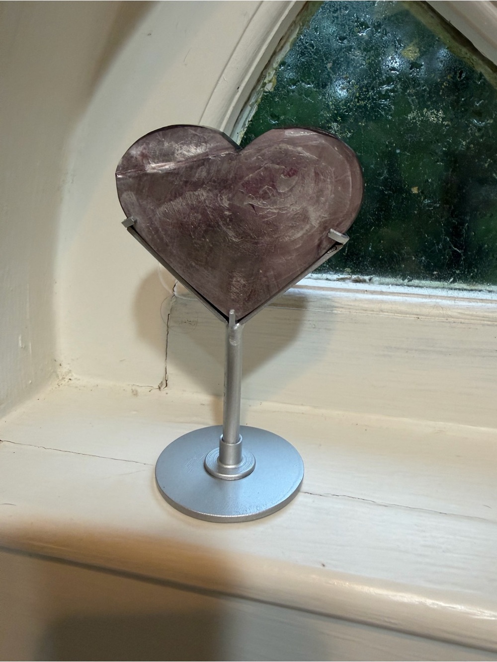 Decorative Purple Heart Stone Sculpture on Silver Stand